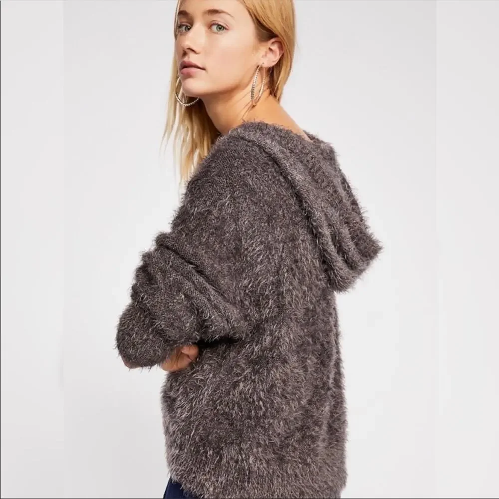Free people light as a feather fuzzy gray hoodie soft sz XS oversized cut